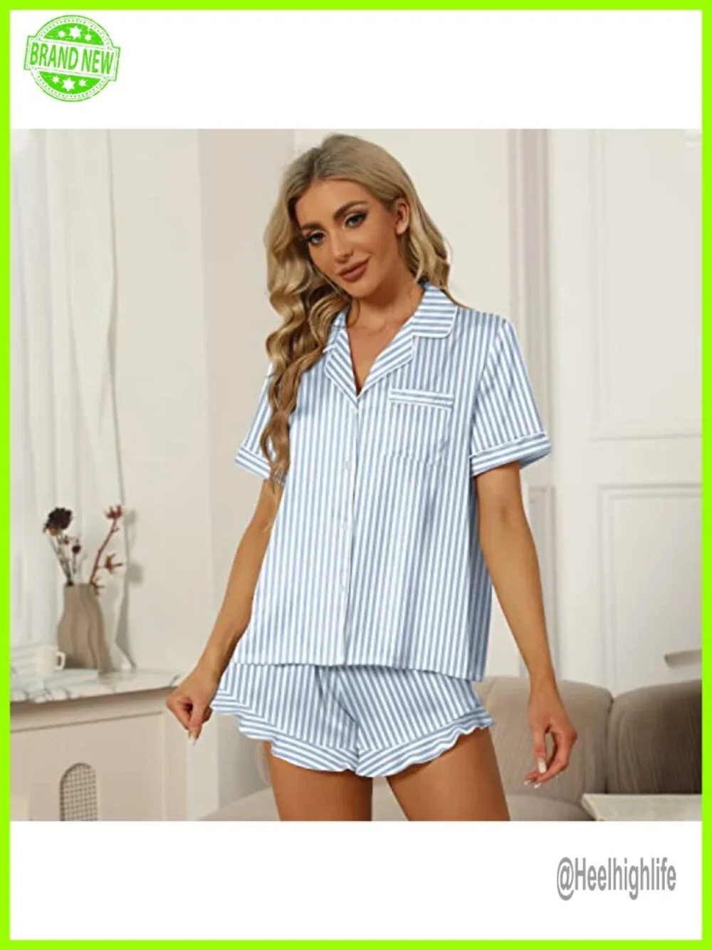 Satin Silk 2-Piece Pajama Set with Ruffle Shorts, Short Sleeve Button Down Pjs